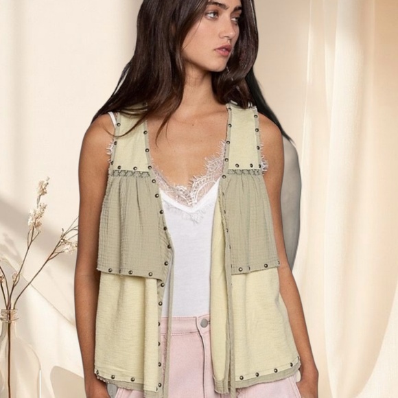 POL Matcha Green Western Vest Ruffle Drawstring Rope Tie Top - Picture 3 of 5